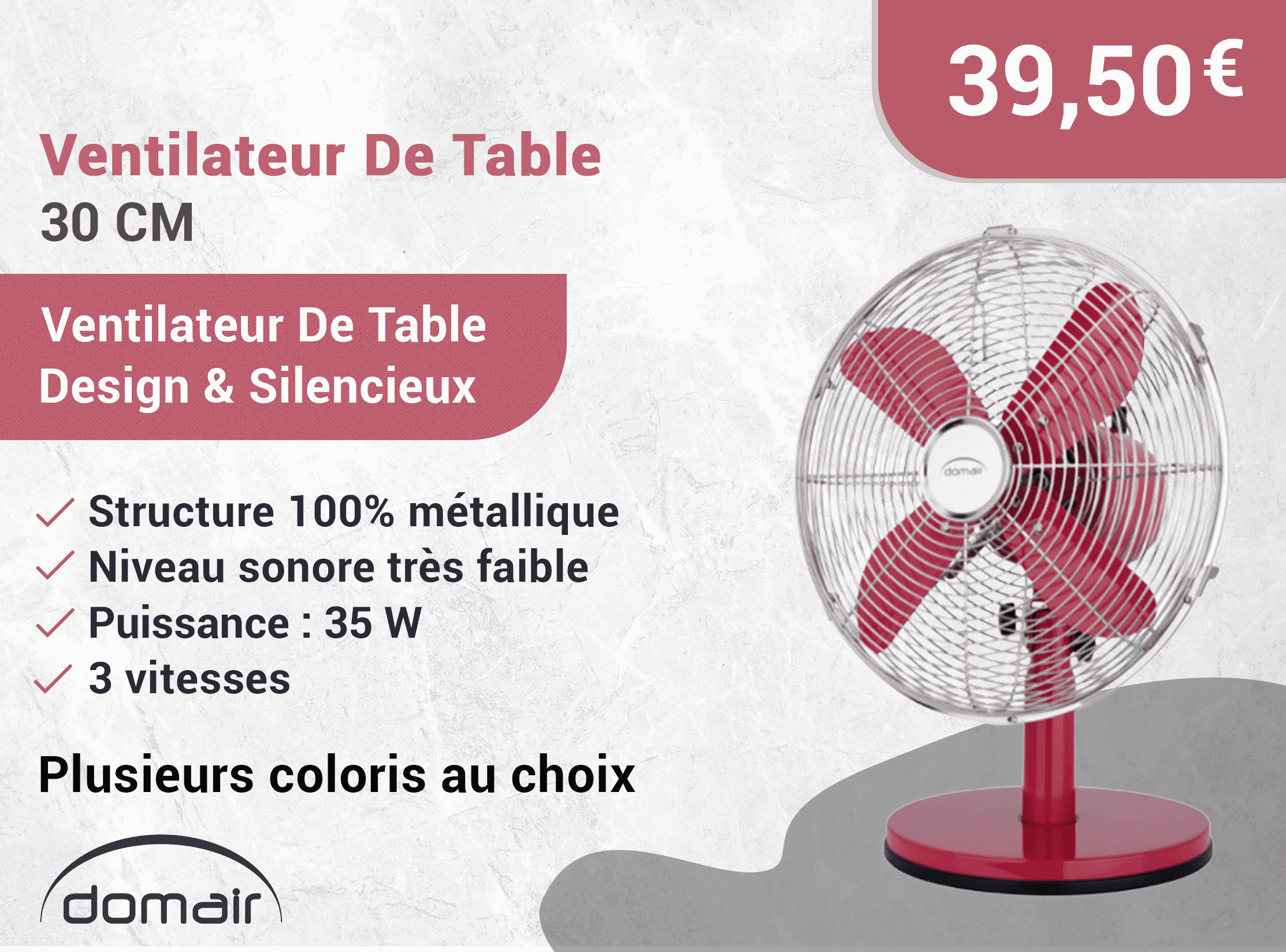 DOMAIR TM30 Ventilateur De Table 30 Cm Framboise 100 % Métallique